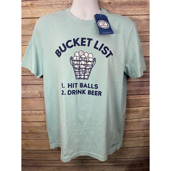 Bucket List Golf T-Shirt Medium Life Is Good Hit Balls Drink Beer Funny Blue NWT - Picture 1 of 10